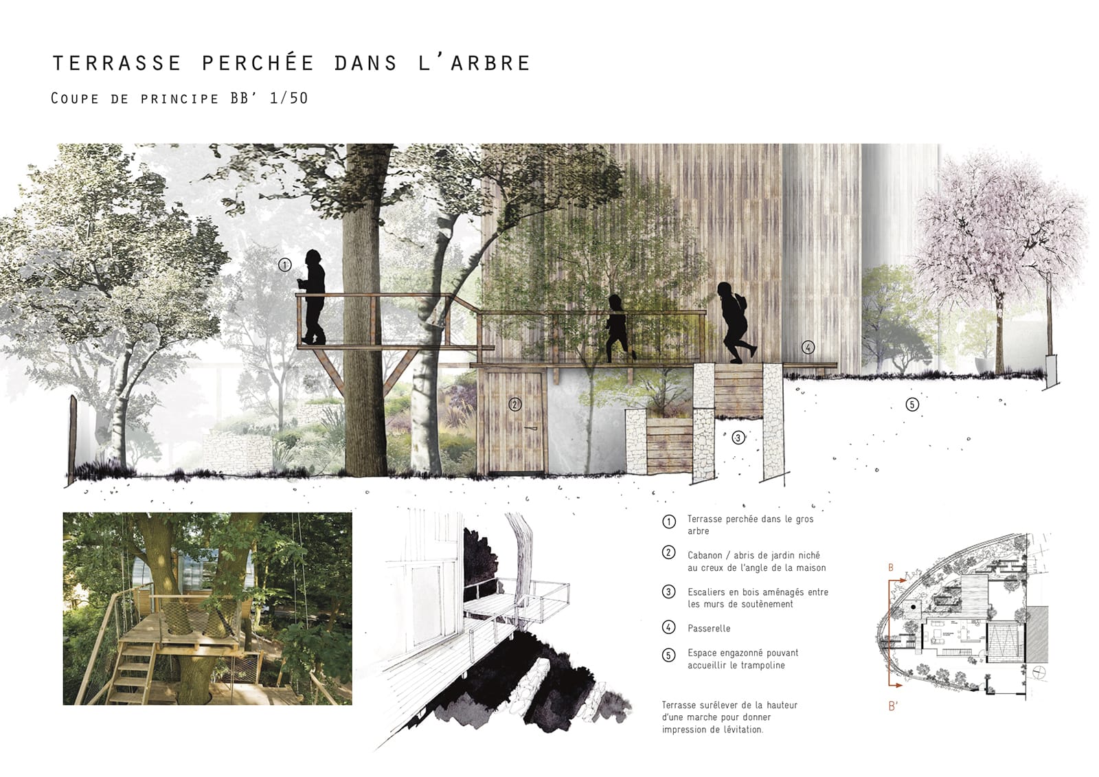 coupe Esquisse Jardin pente perché pillotis terrasse muret soutainement®hermelinecarpentier