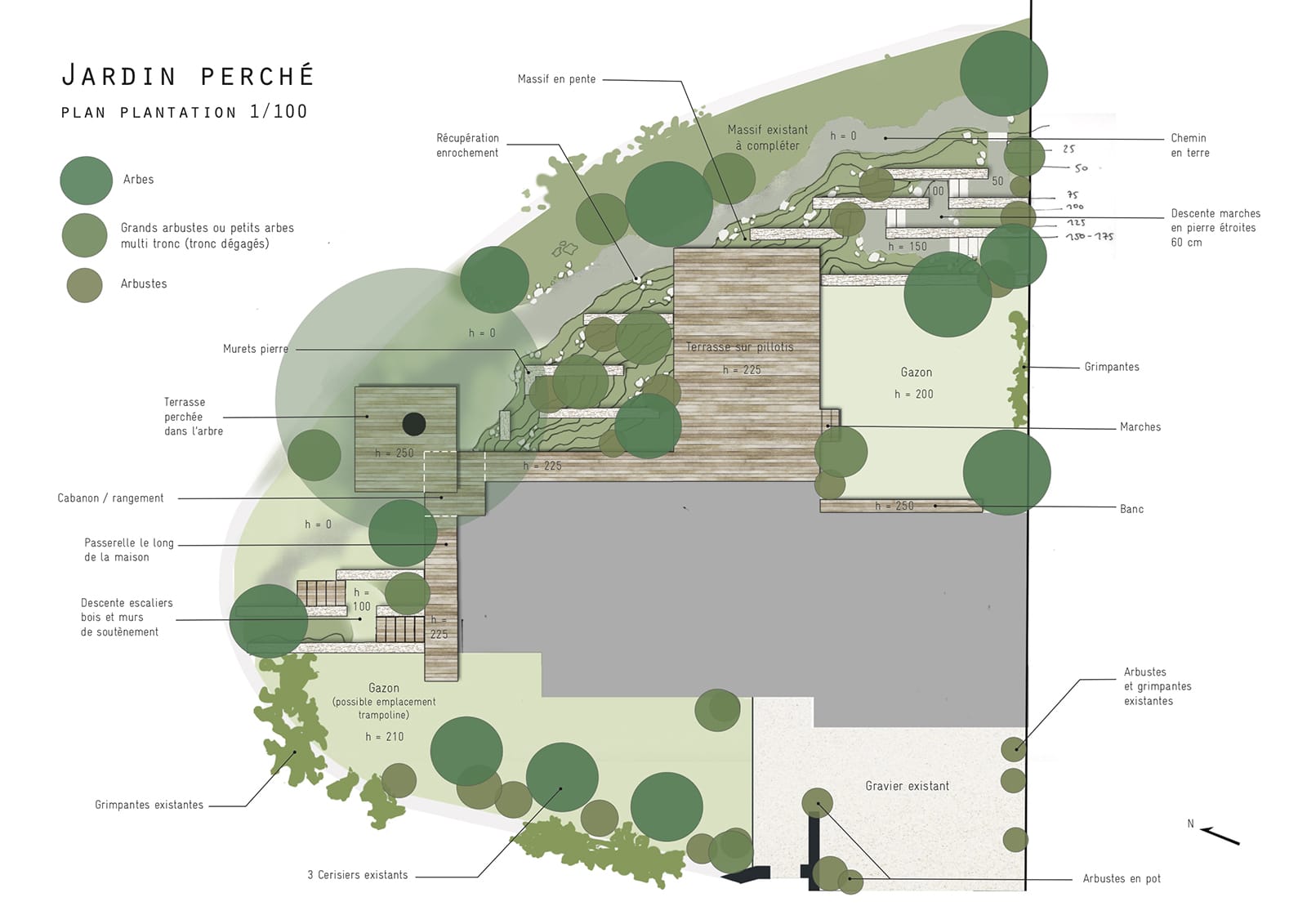 Plan Esquisse Jardin pente perché pillotis terrasse muret soutainement ®hermeline carpentier
